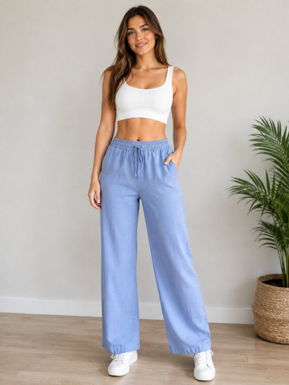 New Light Blue Linen Cotton Drawstring Wide Leg Pants Relaxed Fit Size M